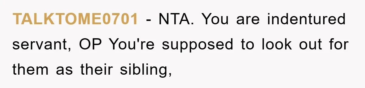 TALKTOME0701 − NTA. You are indentured servant, OP You're supposed to look out for them as their sibling,