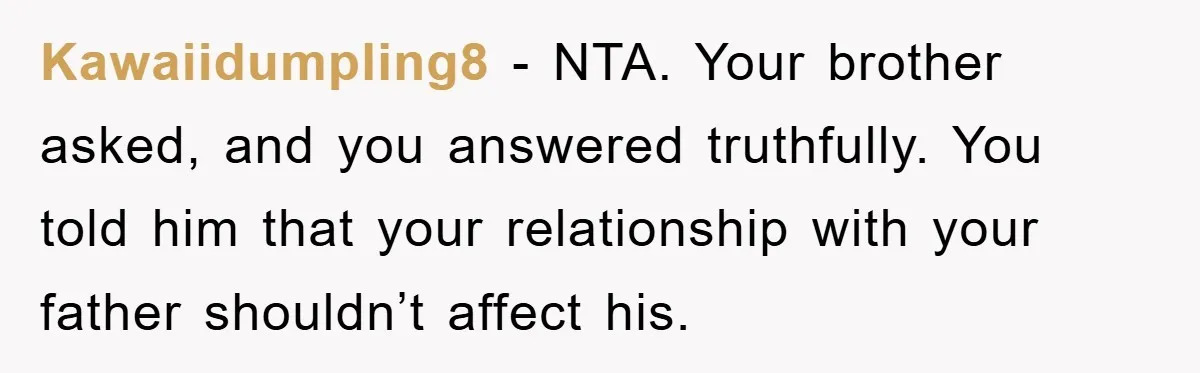 Kawaiidumpling8 − NTA. Your brother asked, and you answered truthfully. You told him that your relationship with your father shouldn’t affect his.