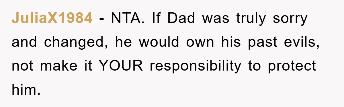 JuliaX1984 − NTA. If Dad was truly sorry and changed, he would own his past evils, not make it YOUR responsibility to protect him.