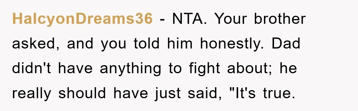 HalcyonDreams36 − NTA. Your brother asked, and you told him honestly. Dad didn't have anything to fight about; he really should have just said, "It's true.