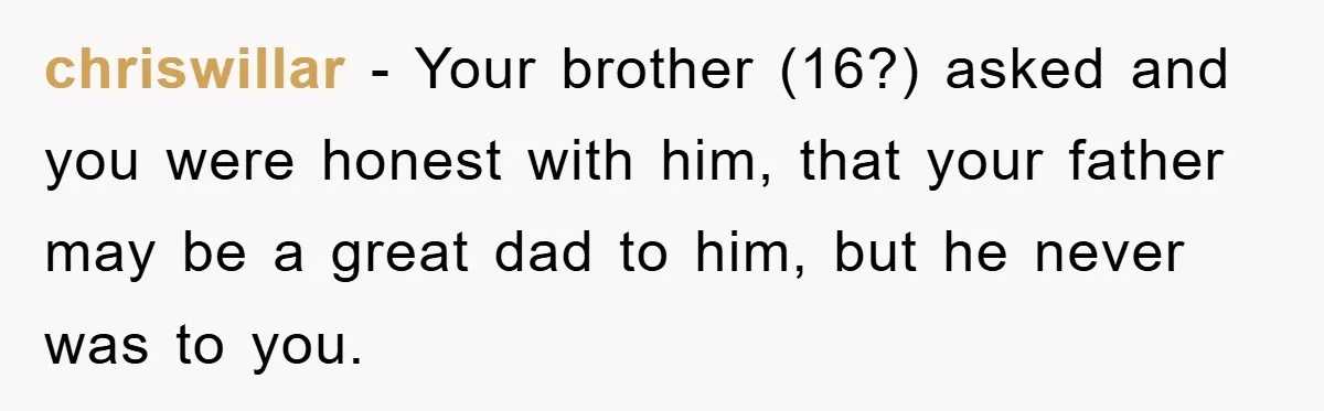 chriswillar − Your brother (16?) asked and you were honest with him, that your father may be a great dad to him, but he never was to you.