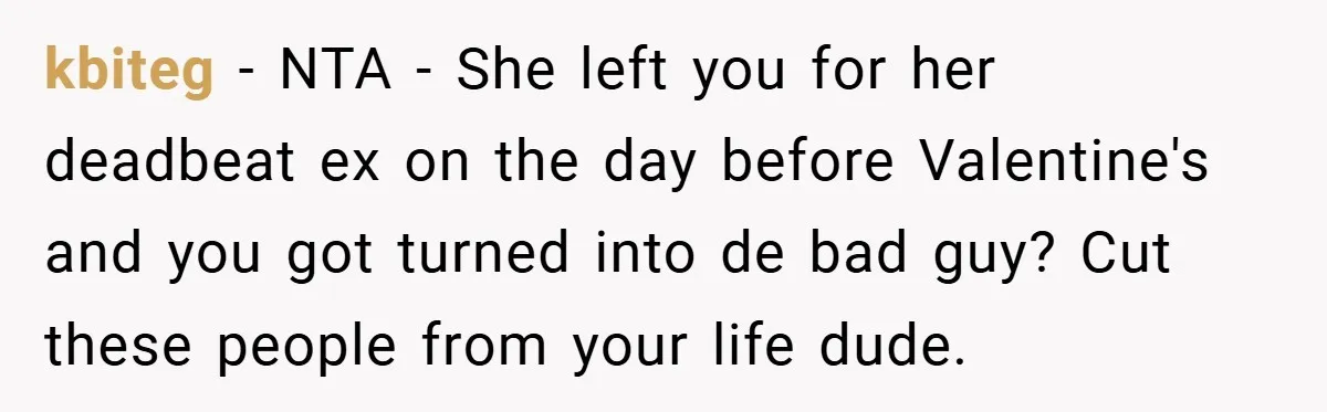 kbiteg − NTA - She left you for her deadbeat ex on the day before Valentine's and you got turned into de bad guy? Cut these people from your life...