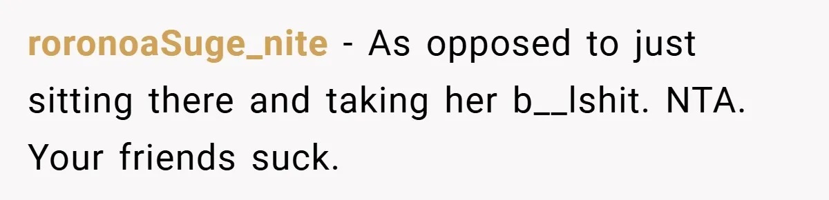 roronoaSuge_nite − As opposed to just sitting there and taking her b__lshit. NTA. Your friends suck.