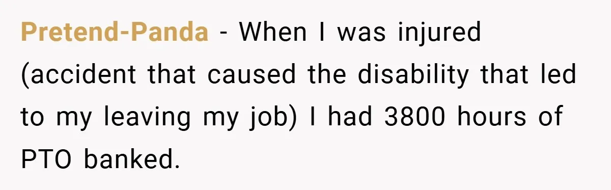 Pretend-Panda − When I was injured (accident that caused the disability that led to my leaving my job) I had 3800 hours of PTO banked.