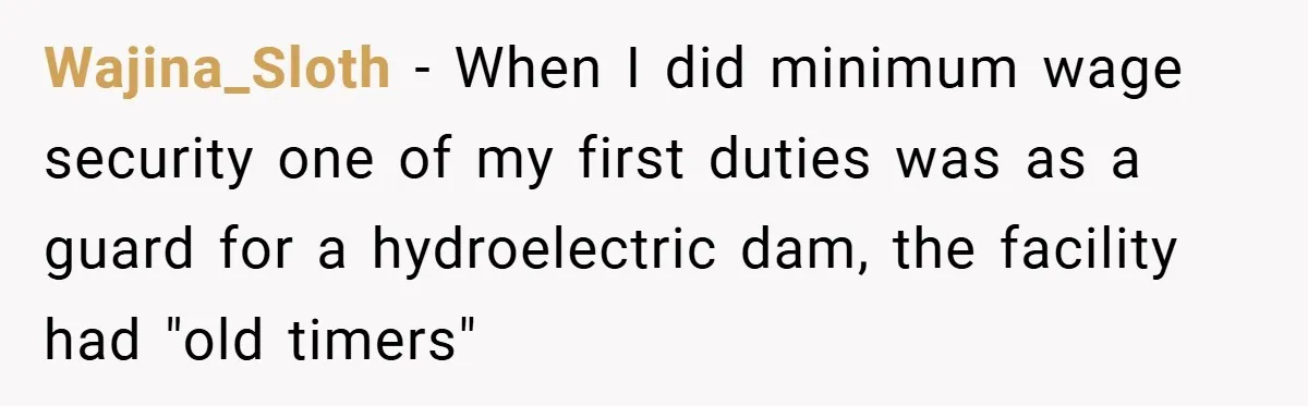 Wajina_Sloth − When I did minimum wage security one of my first duties was as a guard for a hydroelectric dam, the facility had "old timers"