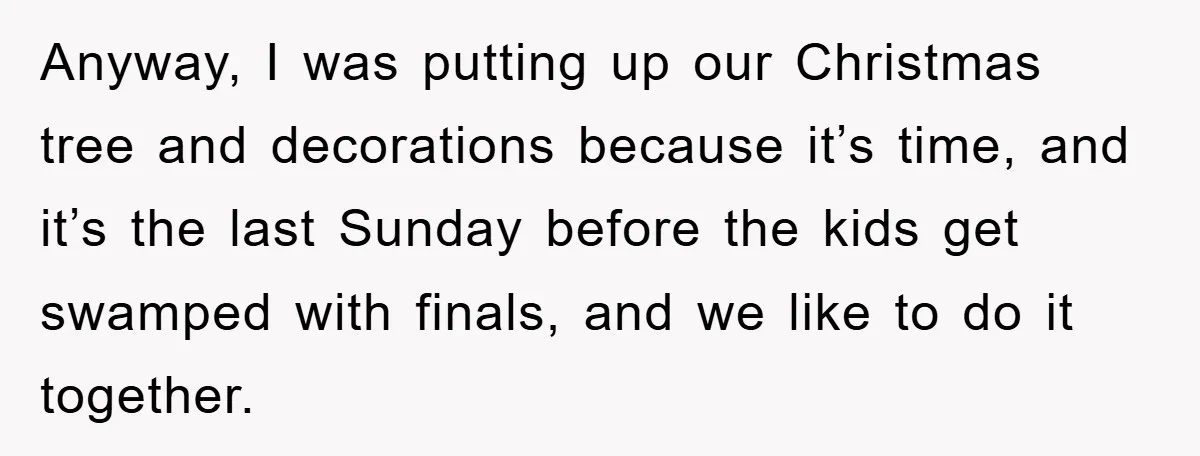 Anyway, I was putting up our Christmas tree and decorations because it’s time, and it’s the last Sunday before the kids get swamped with finals, and we like to do...