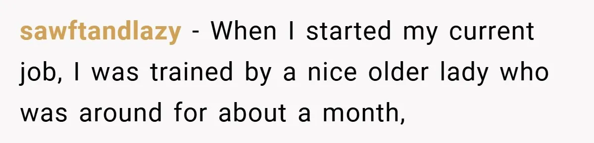 sawftandlazy − When I started my current job, I was trained by a nice older lady who was around for about a month,
