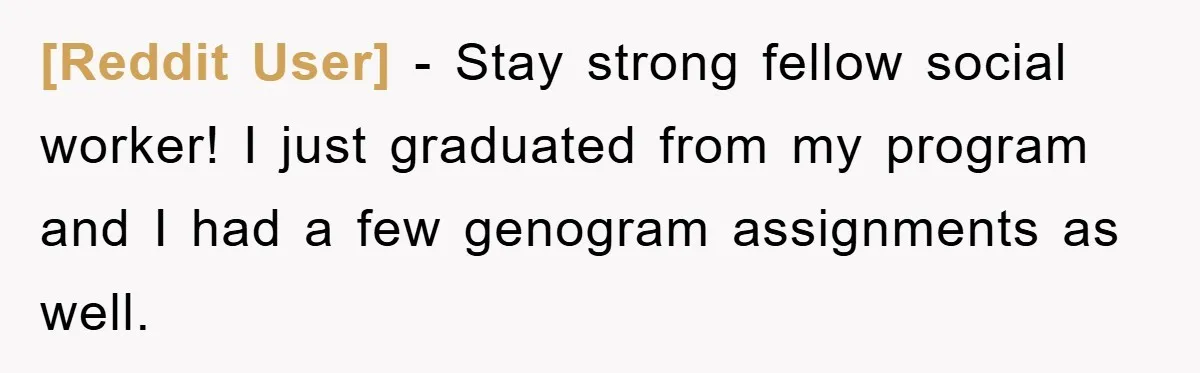[Reddit User] - Stay strong fellow social worker! I just graduated from my program and I had a few genogram assignments as well.