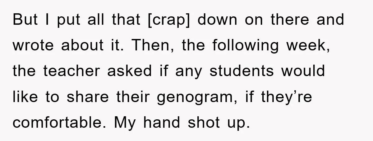 But I put all that [crap] down on there and wrote about it. Then, the following week, the teacher asked if any students would like to share their genogram, if...