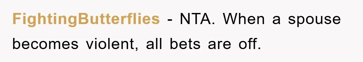 FightingButterflies − NTA. When a spouse becomes violent, all bets are off.