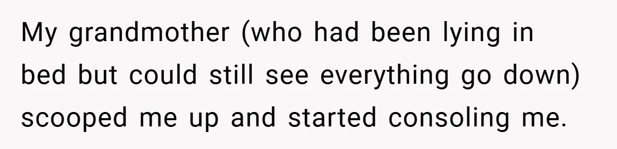 My grandmother (who had been lying in bed but could still see everything go down) scooped me up and started consoling me.