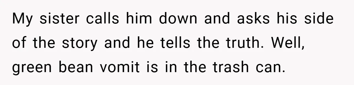 My sister calls him down and asks his side of the story and he tells the truth. Well, green bean vomit is in the trash can.