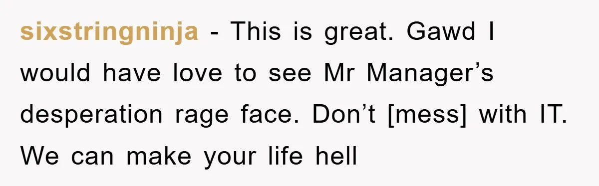 sixstringninja - This is great. Gawd I would have love to see Mr Manager’s desperation rage face. Don’t [mess] with IT. We can make your life hell