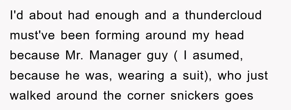 I'd about had enough and a thundercloud must've been forming around my head because Mr. Manager guy ( I asumed, because he was, wearing a suit), who just walked around...