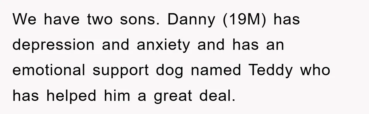We have two sons. Danny (19M) has depression and anxiety and has an emotional support dog named Teddy who has helped him a great deal.