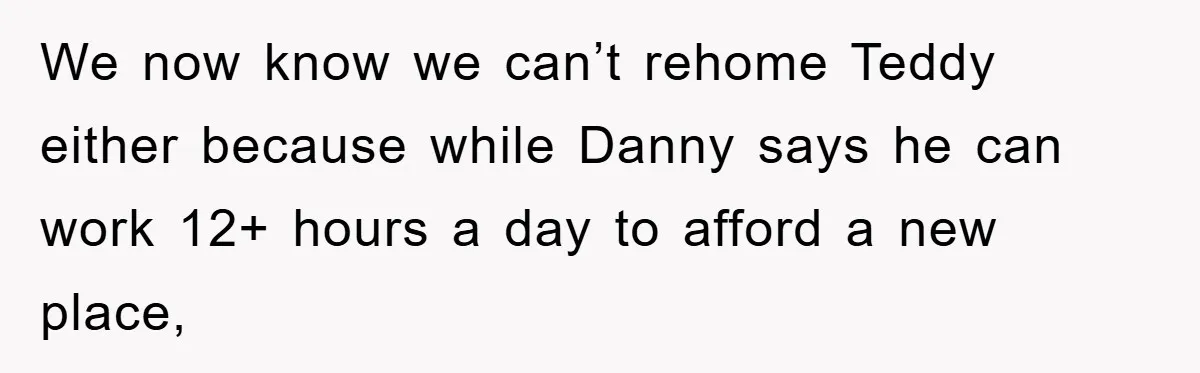 We now know we can’t rehome Teddy either because while Danny says he can work 12+ hours a day to afford a new place,