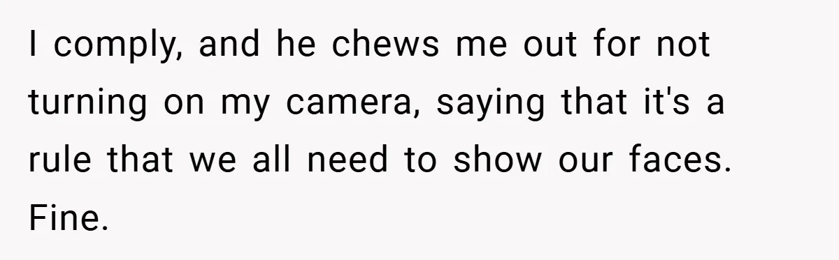 I comply, and he chews me out for not turning on my camera, saying that it's a rule that we all need to show our faces. Fine.