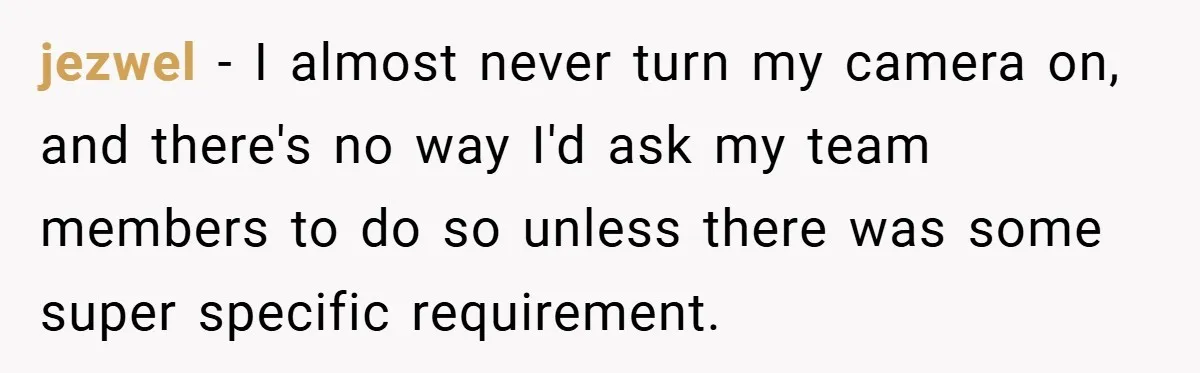 jezwel − I almost never turn my camera on, and there's no way I'd ask my team members to do so unless there was some super specific requirement.