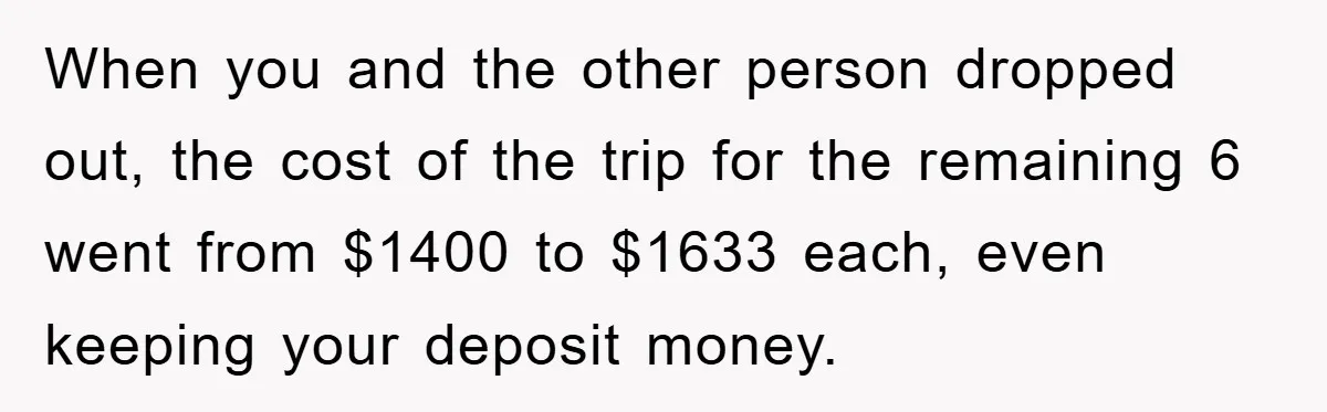 When you and the other person dropped out, the cost of the trip for the remaining 6 went from $1400 to $1633 each, even keeping your deposit money.