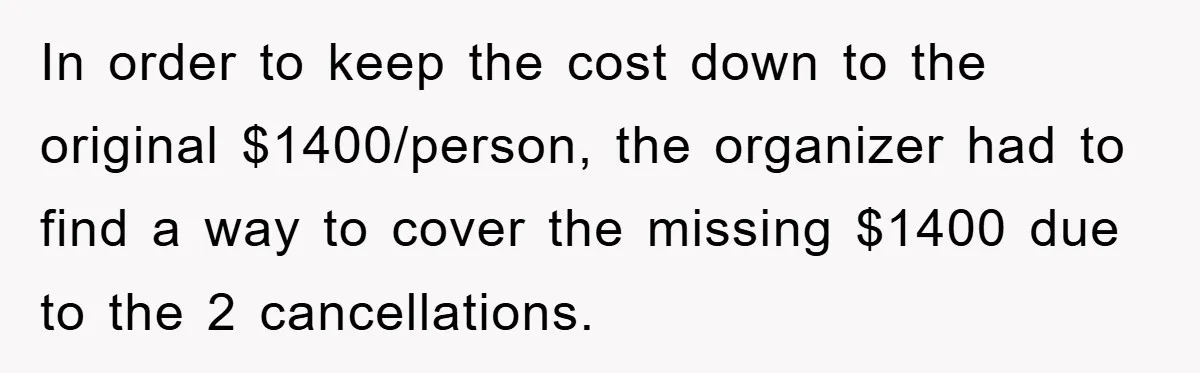 In order to keep the cost down to the original $1400/person, the organizer had to find a way to cover the missing $1400 due to the 2 cancellations.