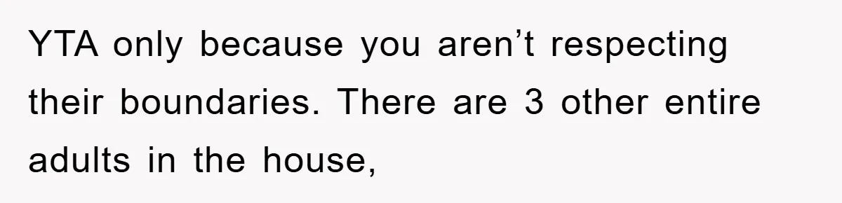 YTA only because you aren’t respecting their boundaries. There are 3 other entire adults in the house,