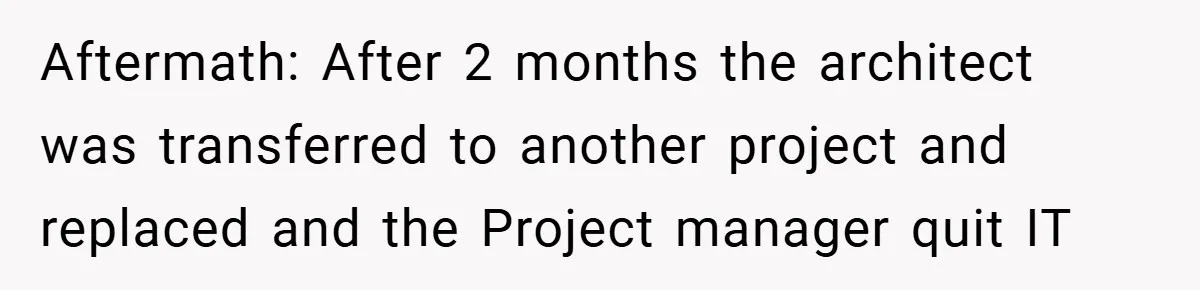 Aftermath: After 2 months the architect was transferred to another project and replaced and the Project manager quit IT