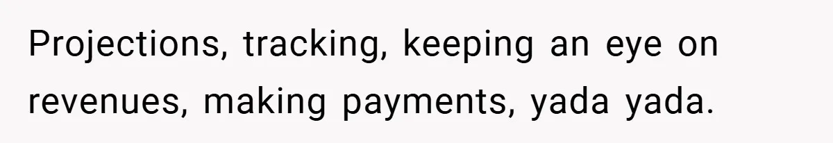 Projections, tracking, keeping an eye on revenues, making payments, yada yada.