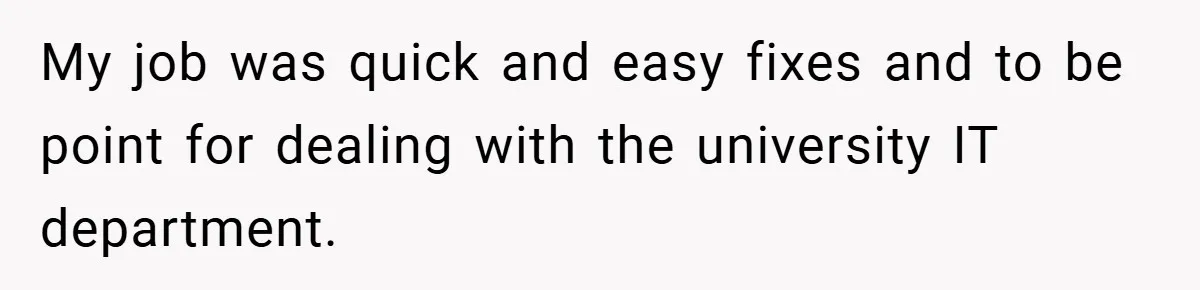 My job was quick and easy fixes and to be point for dealing with the university IT department.