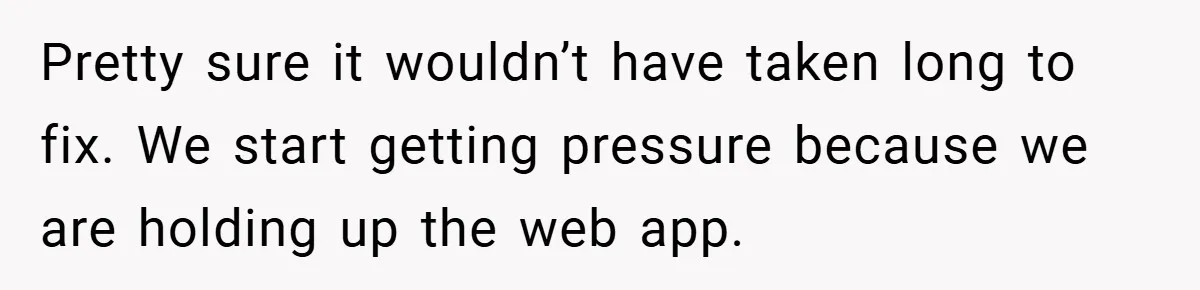 Pretty sure it wouldn’t have taken long to fix. We start getting pressure because we are holding up the web app.