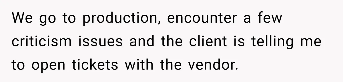 We go to production, encounter a few criticism issues and the client is telling me to open tickets with the vendor.