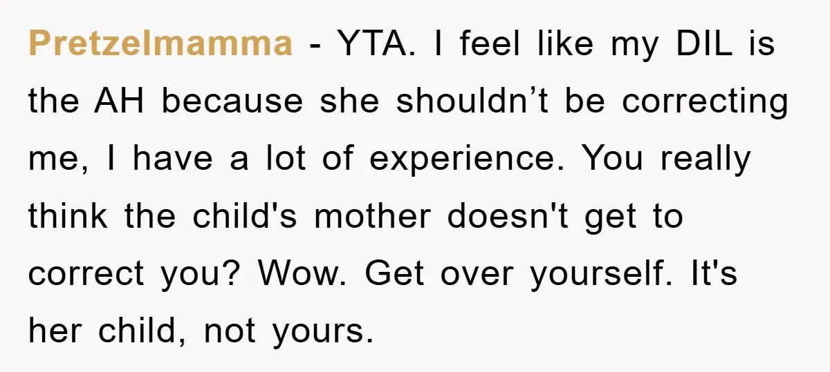 Pretzelmamma - YTA. I feel like my DIL is the AH because she shouldn’t be correcting me, I have a lot of experience. You really think the child's mother doesn't...
