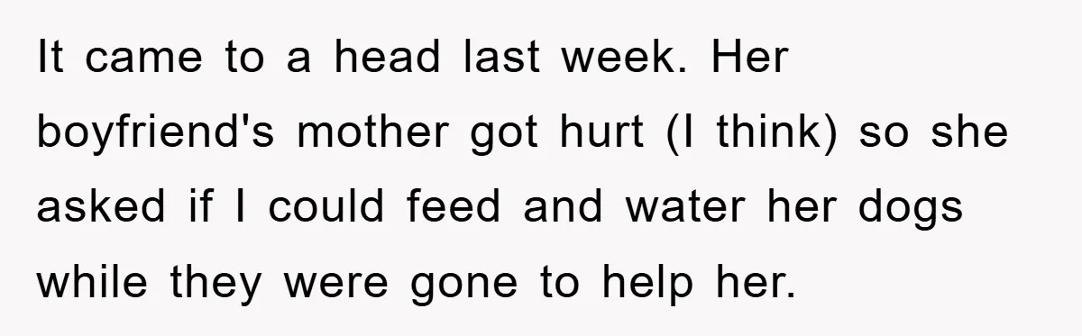 It came to a head last week. Her boyfriend's mother got hurt (I think) so she asked if I could feed and water her dogs while they were gone to...