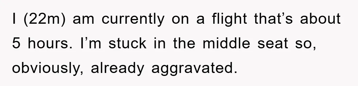 I (22m) am currently on a flight that’s about 5 hours. I’m stuck in the middle seat so, obviously, already aggravated.