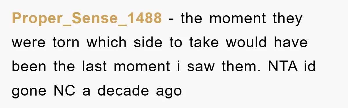 Proper_Sense_1488 - the moment they were torn which side to take would have been the last moment i saw them. NTA id gone NC a decade ago