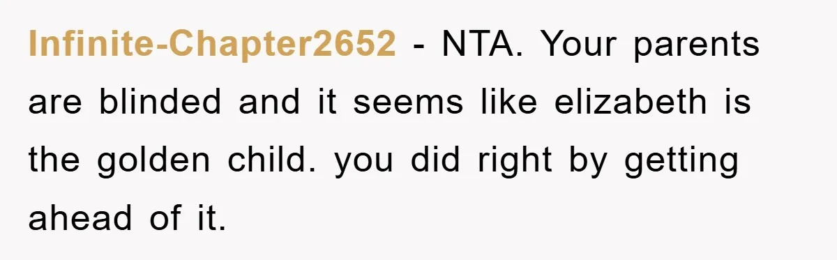Infinite-Chapter2652 - NTA. Your parents are blinded and it seems like elizabeth is the golden child. you did right by getting ahead of it.