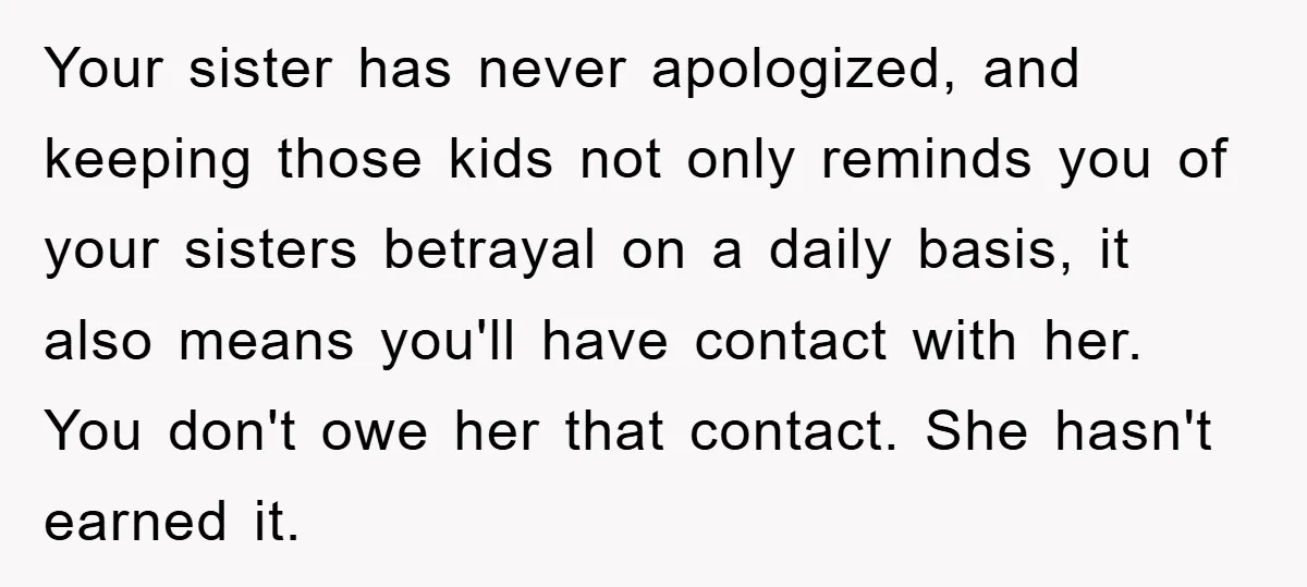 Your sister has never apologized, and keeping those kids not only reminds you of your sisters betrayal on a daily basis, it also means you'll have contact with her. You...