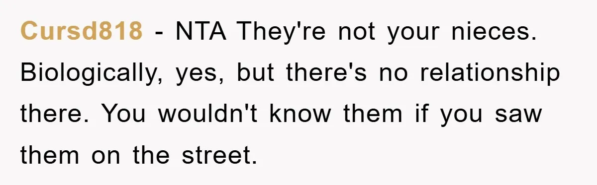 Cursd818 - NTA They're not your nieces. Biologically, yes, but there's no relationship there. You wouldn't know them if you saw them on the street.
