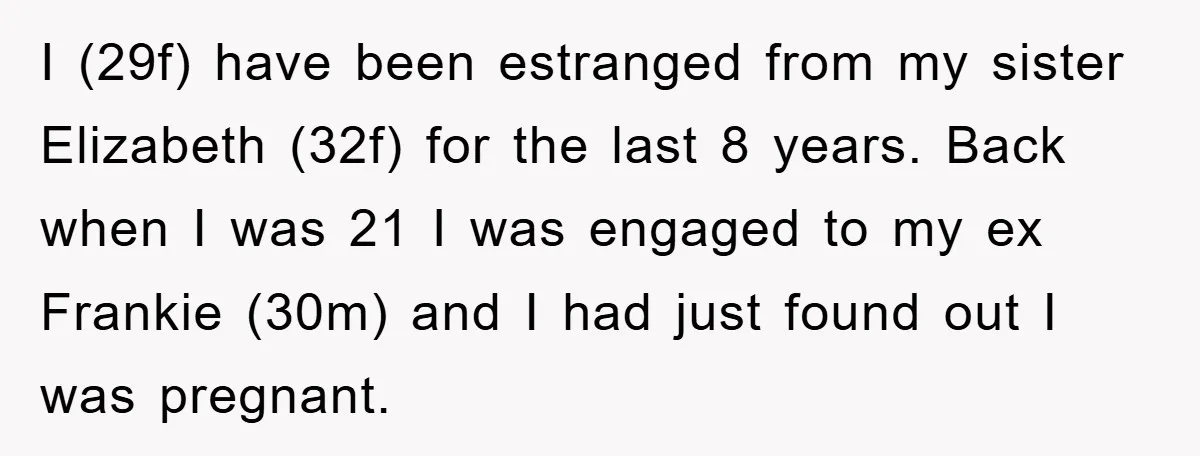 I (29f) have been estranged from my sister Elizabeth (32f) for the last 8 years. Back when I was 21 I was engaged to my ex Frankie (30m) and I...