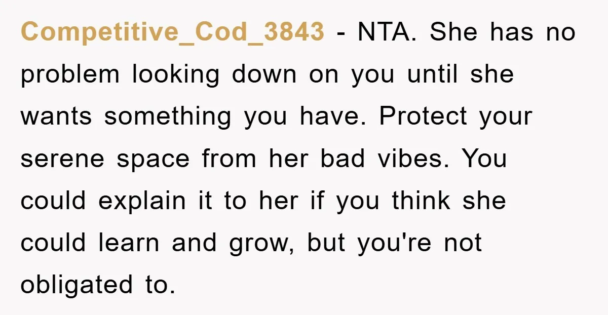 Competitive_Cod_3843 - NTA. She has no problem looking down on you until she wants something you have. Protect your serene space from her bad vibes. You could explain it to...