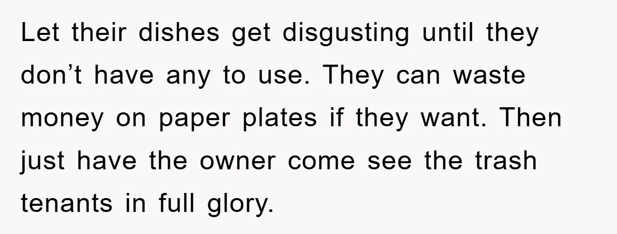 Let their dishes get disgusting until they don’t have any to use. They can waste money on paper plates if they want. Then just have the owner come see the...