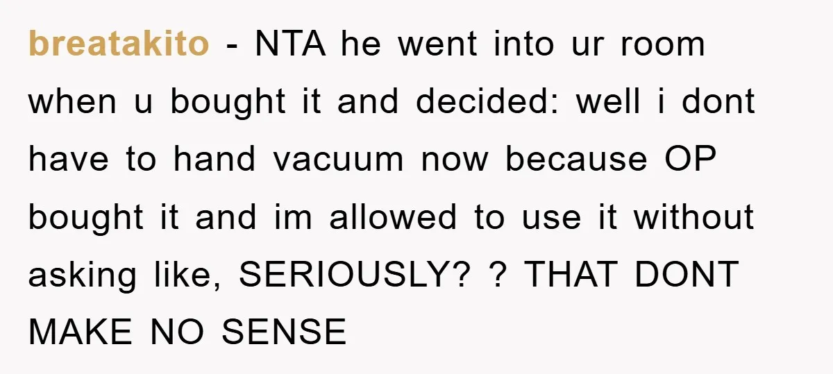 breatakito - NTA he went into ur room when u bought it and decided: well i dont have to hand vacuum now because OP bought it and im allowed to...