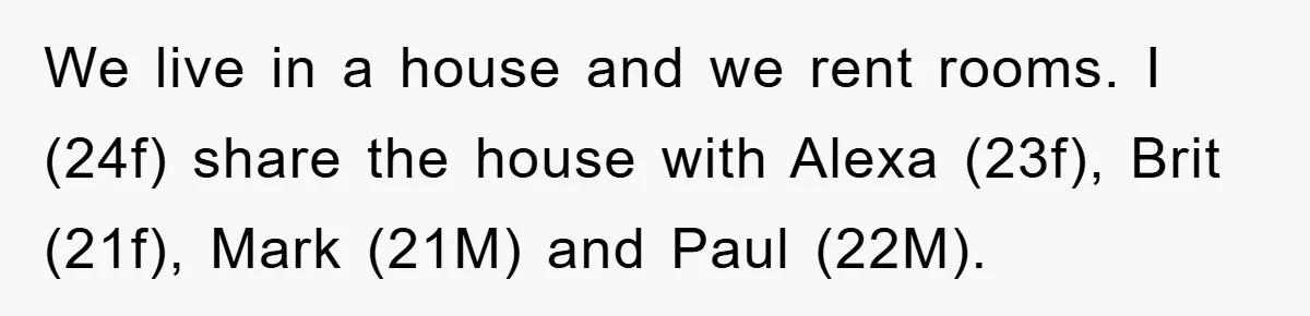 We live in a house and we rent rooms. I (24f) share the house with Alexa (23f), Brit (21f), Mark (21M) and Paul (22M).