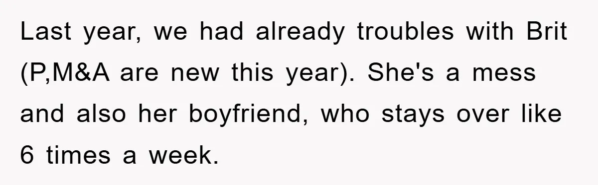 Last year, we had already troubles with Brit (P,M&A are new this year). She's a mess and also her boyfriend, who stays over like 6 times a week.