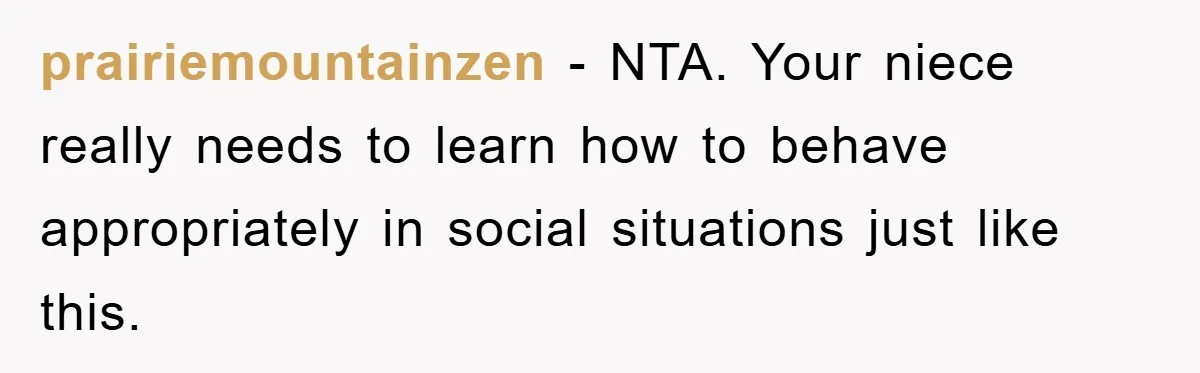 prairiemountainzen - NTA. Your niece really needs to learn how to behave appropriately in social situations just like this.