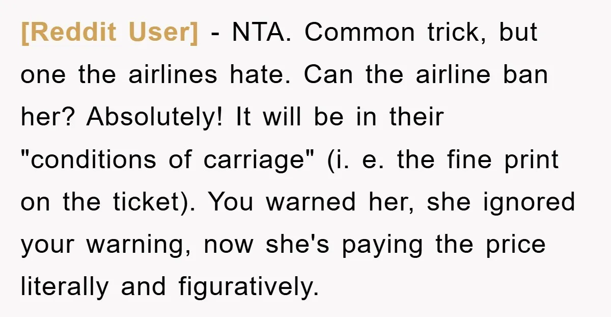 [Reddit User] - NTA. Common trick, but one the airlines hate. Can the airline ban her? Absolutely! It will be in their "conditions of carriage" (i. e. the fine print...
