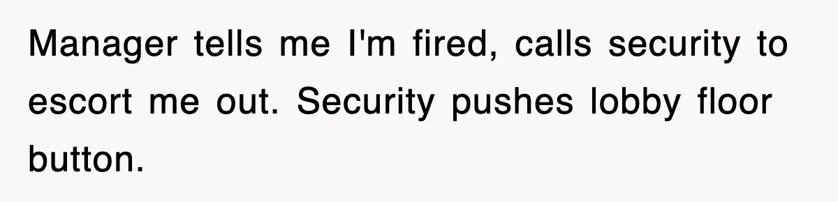 Boss Tries to Fire Employee For Doing His Job, Ends Up Getting Himself And His Friends Fired Manager tells me I'm fired, calls security to escort me out. Security pushes lobby floor button.