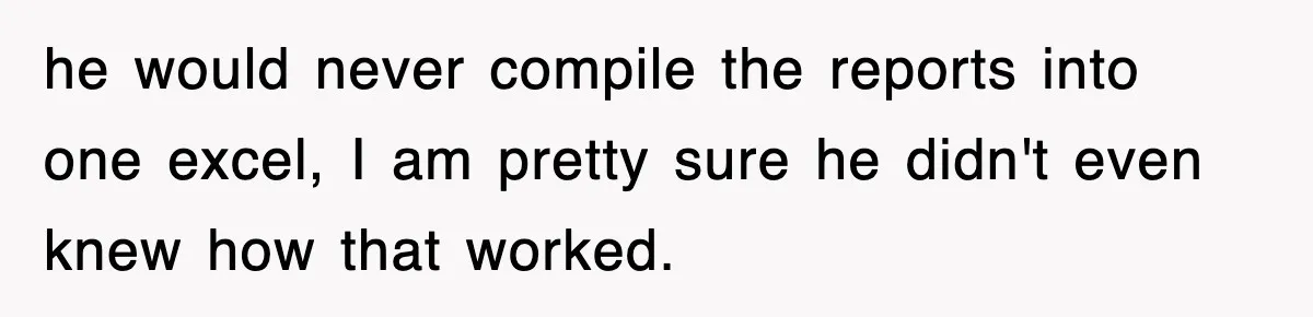Boss Tries to Fire Employee For Doing His Job, Ends Up Getting Himself And His Friends Fired he would never compile the reports into one excel, I am pretty sure he didn't even knew how that worked.