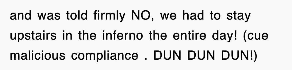 and was told firmly NO, we had to stay upstairs in the inferno the entire day! (cue malicious compliance . DUN DUN DUN!)