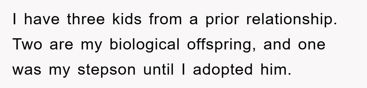 I have three kids from a prior relationship. Two are my biological offspring, and one was my stepson until I adopted him.