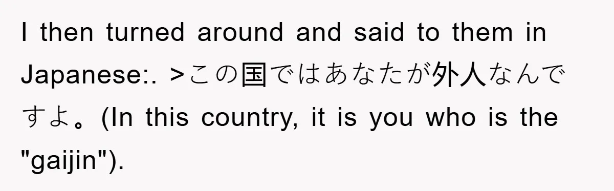 I then turned around and said to them in Japanese:. >この国ではあなたが外人なんですよ。(In this country, it is you who is the "gaijin").